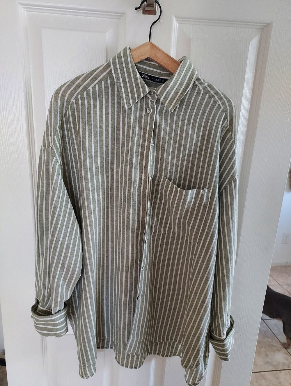 Zara Olive & White Vertical Stripe Button-Down Shirt - Picture 3 of 5